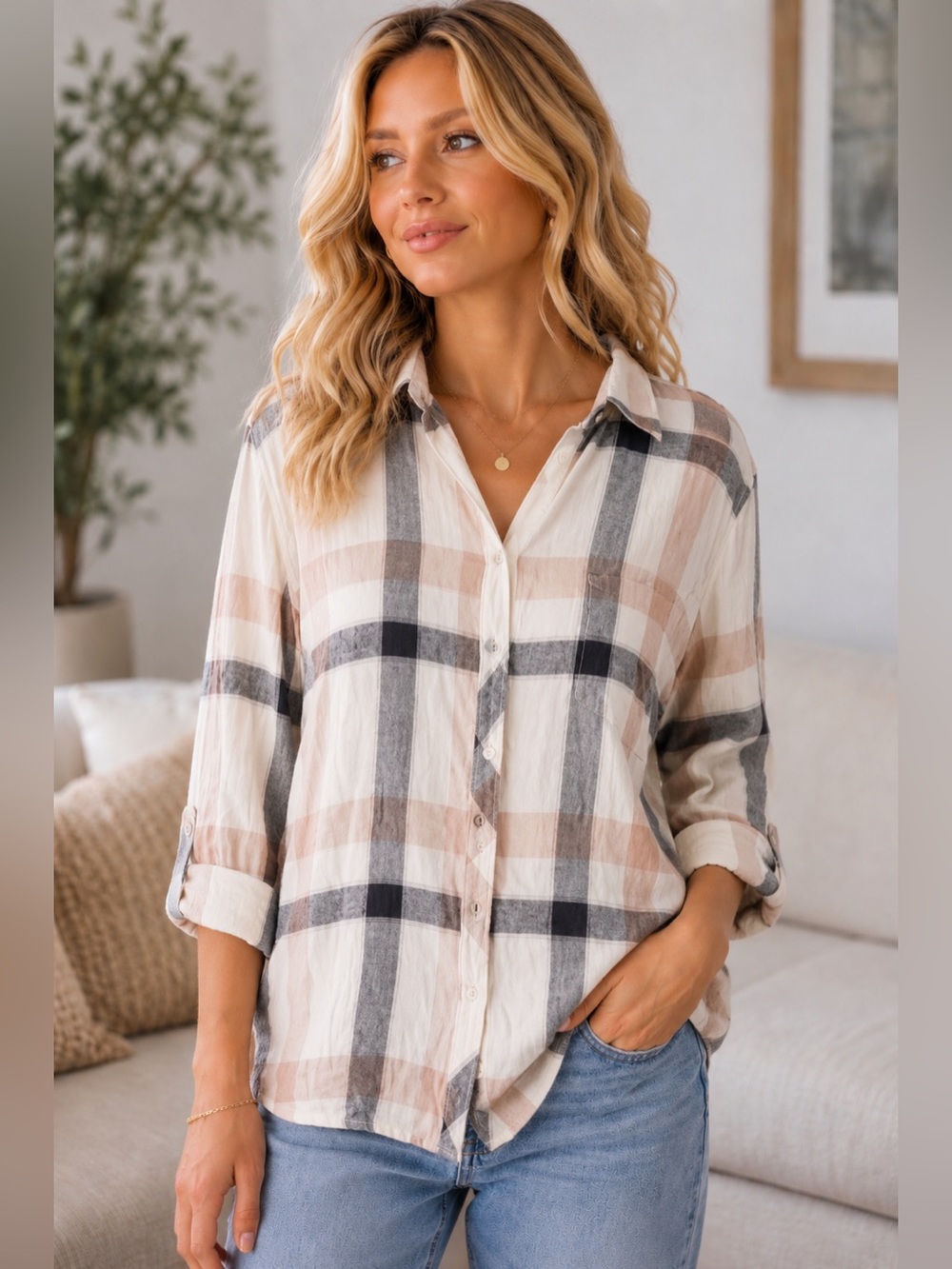 Anthropologie Hester & Orchard Beige and Grey Plaid Button-Down Shirt